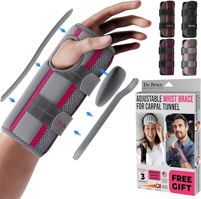 DR. BRACE Adjustable Wrist Brace Night Support for Carpal Tunnel, Doctor Developed, Upgraded with Double Splint & Therapeutic Cushion,Hand Brace for Pain Relief,Injuries,Sprains (L/XL Left Hand, Grey-Pink)