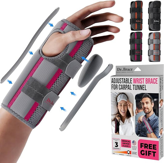 DR. BRACE Adjustable Wrist Brace Night Support for Carpal Tunnel, Doctor Developed, Upgraded with Double Splint & Therapeutic Cushion,Hand Brace for Pain Relief,Injuries,Sprains (L/XL Left Hand, Grey-Pink)