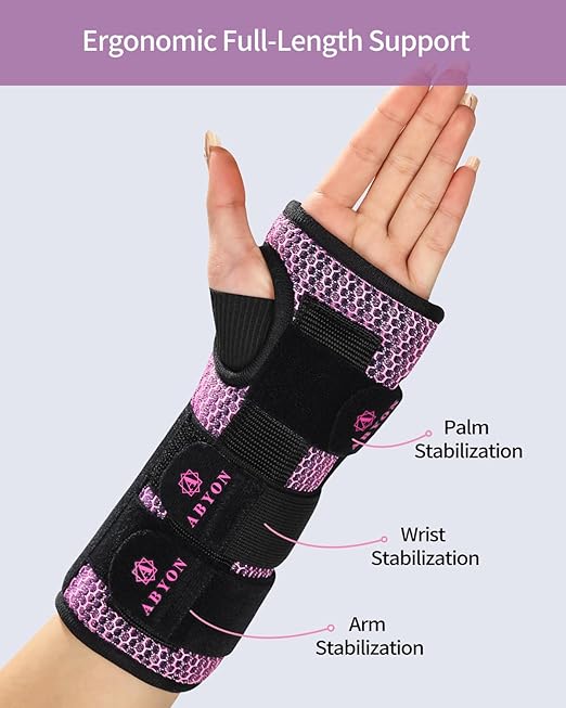 ABYON Carpal Tunnel Wrist Brace Night Support – Wrist Splint for Pain Relief, Tendonitis, Arthritis, Sprains – Lightweight, Breathable Padded Hand Brace for Men & Women, Left Hand (Small,Black/Pink)