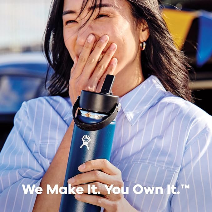Hydro Flask Water Bottle - Insulated Stainless Steel - Wide Mouth Flex Straw Lid, Non Spill, Leakproof and Refillable in 24 Oz Tonal Oat