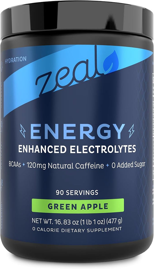 Zeal Naturals Electrolyte Powder Recovery Drink (90 Servings | Green Apple) w 0 Sugar +BCAAs +B-Vitamins Electrolyte Supplement w Potassium Zinc & Magnesium for Hydration - Keto Electrolytes