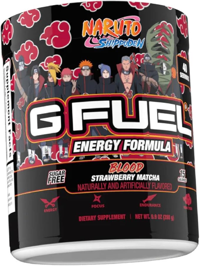 G Fuel Akasuki Blood Energy Drink Powder, Pre Workout Caffeine Mix for Gaming, Sugar Free Focus Amino, Vitamin + Antioxidants, 9.9oz (Strawberry Matcha, 40 Servings)