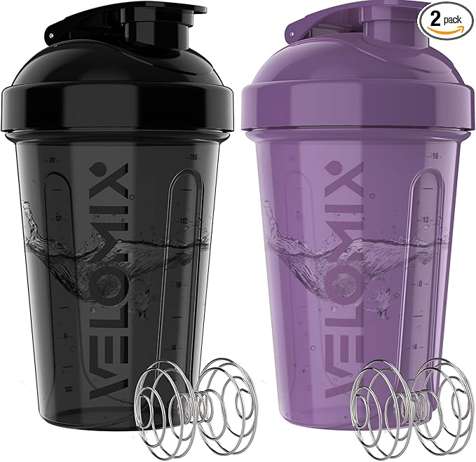 VELOMIX -2 Pack- 20 oz Protein Shaker Bottles for Protein Mixes - 2x Wire Whisk | Leak Proof Shaker Cups for Protein Shakes and Pre Workout | Protein Shaker Bottle Pack (Purple/Black)