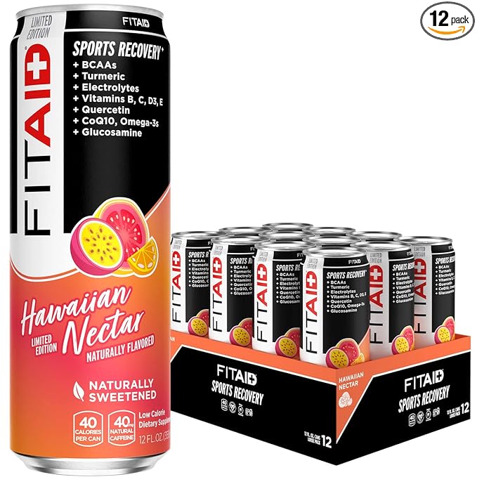 FITAID Post Workout Recovery Drink, Hawaiian Nectar, Passion Fruit, Orange & Guava, BCAAs, Glucosamine, Electrolytes, 40 Calories, 12 Fl Oz (Pack of 12)