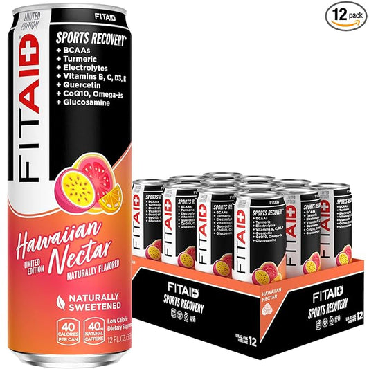 FITAID Post Workout Recovery Drink, Hawaiian Nectar, Passion Fruit, Orange & Guava, BCAAs, Glucosamine, Electrolytes, 40 Calories, 12 Fl Oz (Pack of 12)