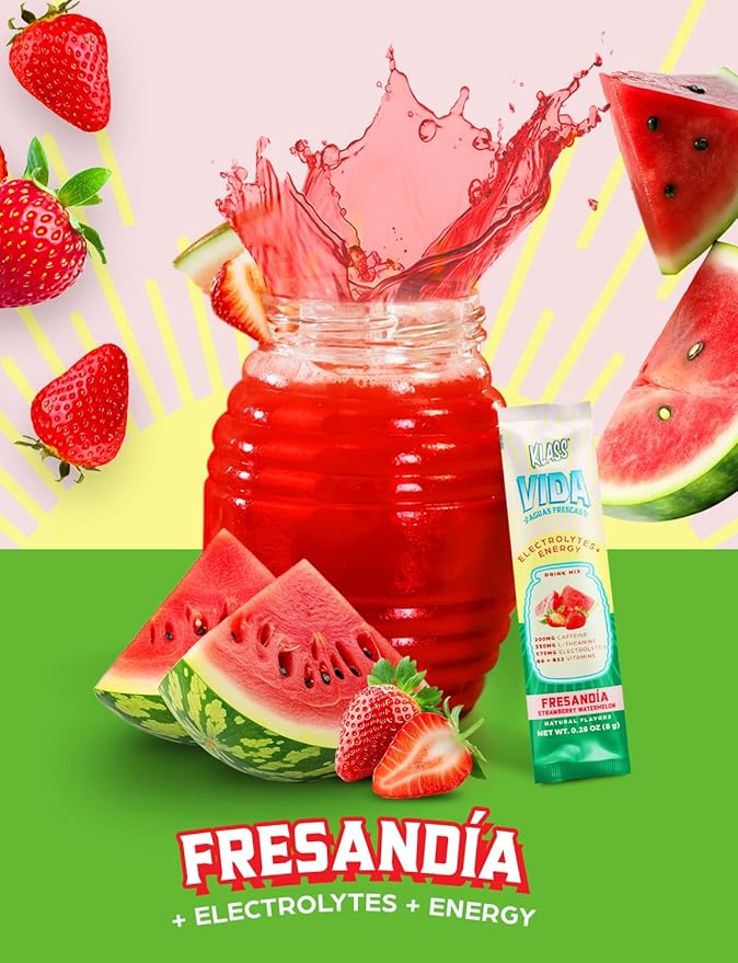 Hydration + Energy Electrolyte Drink Mix – Strawberry Watermelon Agua Fresca Flavor | Sugar-Free Powder with Caffeine, L-Theanine, Coconut Water & Minerals | 15 Single-Serve Stick Packs