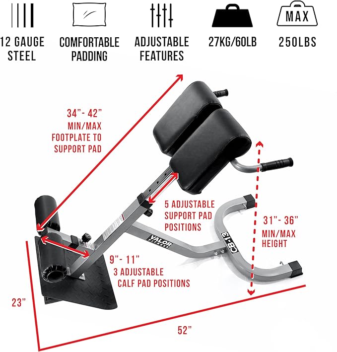 Valor Fitness Adjustable Roman Chair Hyperextension Bench with Resistance Band Pegs for Core, Hamstring, and Ab Workouts - Max 250 LB - Strength Training Equipment