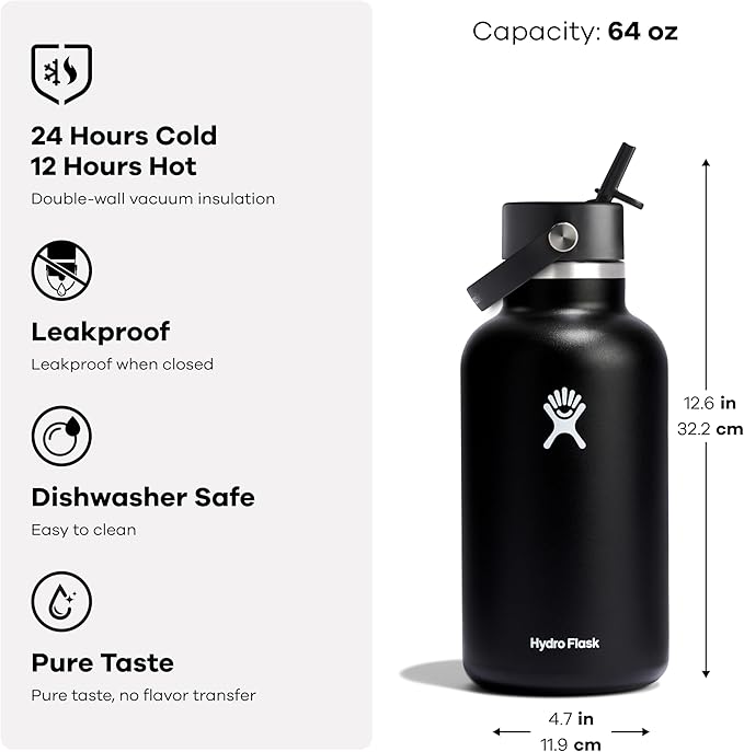 Hydro Flask Water Bottle - Insulated Stainless Steel - Wide Mouth Flex Straw Lid, Non Spill, Leakproof and Refillable in 64 Oz Reef Pink