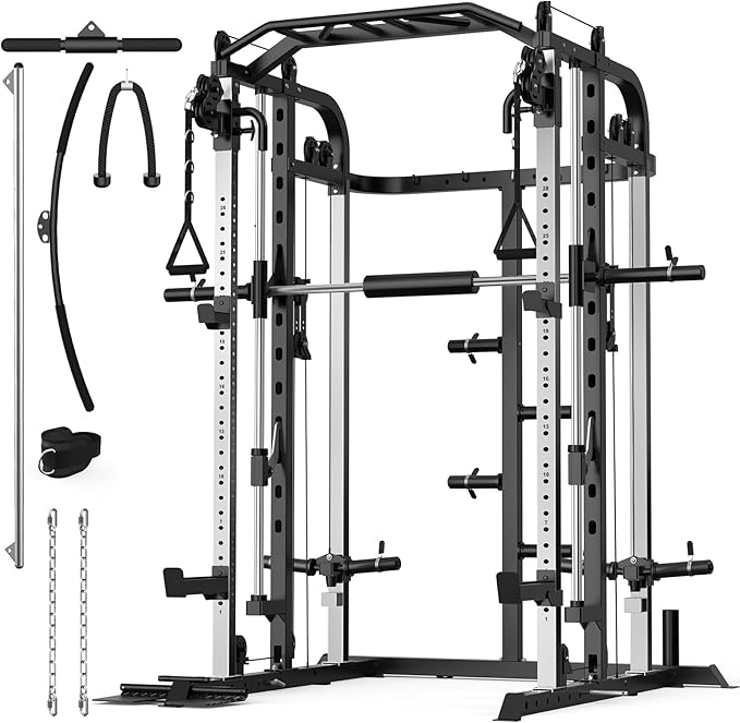 Smith Machine, Multifunctional Power Cage Rack with Smith Bar and Cable Pulley System, and LAT Pull Down Machine for Home Gym…