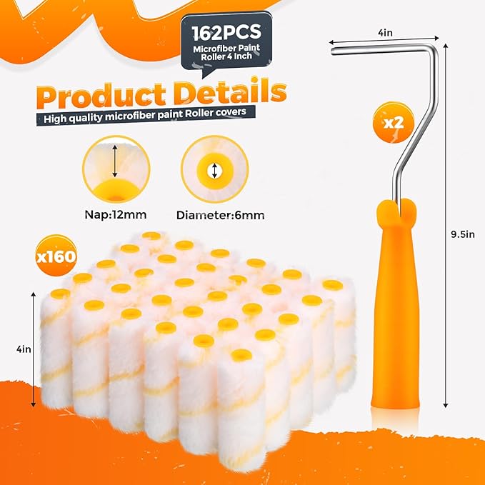 Leumoi 160 Pcs 4 Inch Paint Roller Covers with 2 Holder Microfiber Mini Small Paint Roller Kit for Painting Walls House Home