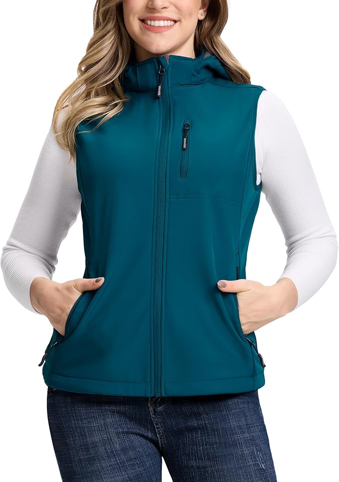 Outdoor Ventures Women's Hooded Lightweight Softshell Vest, Windproof Fleece Lined Sleeveless Jacket for Golf Running Travel