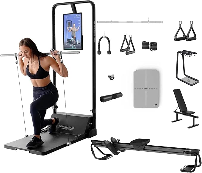 Speediance Gym Monster & AeroRow Rowing Bench & Adjustable Weight Bench & Accessories Organizer & Smart PowerGrip Bundles