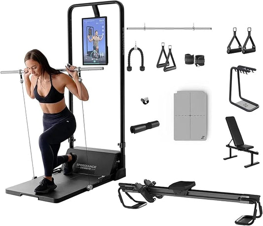Speediance Gym Monster & AeroRow Rowing Bench & Adjustable Weight Bench & Accessories Organizer & Smart PowerGrip Bundles