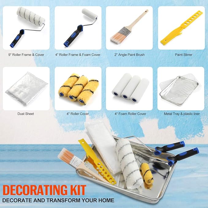 Paint Roller Set - Foam Roller,Angled Paint Brush, Paint Frame, Paint Tray, Mini Rollers,Cover Refills,Paint Sleeves and Paint Supplies - All in One Paint Roller Kit for Decorating Walls and Home