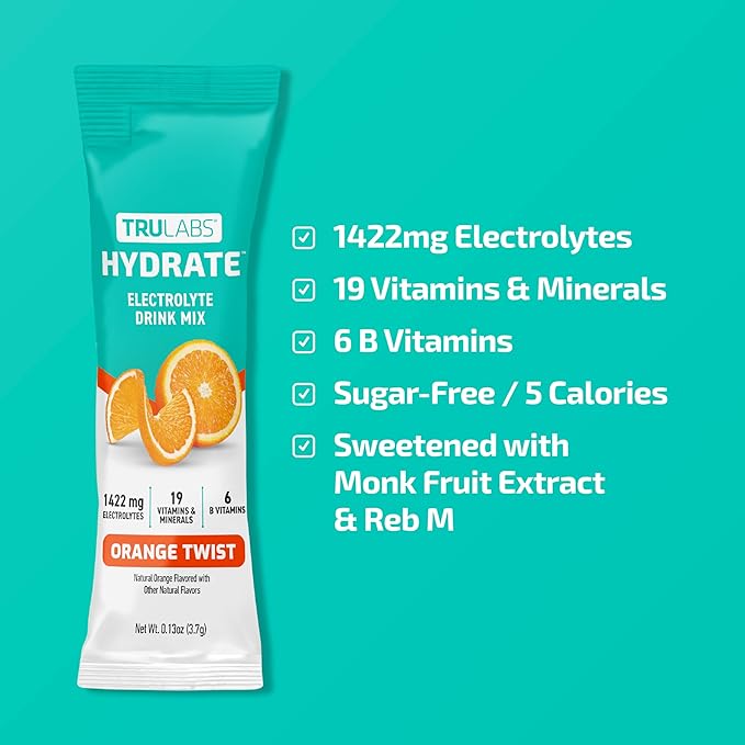 TRULABS Hydrate - Orange Twist. Sugar Free Electrolytes Hydration Packets. Each Serving Contains 1422 mg of Electrolytes &19 Vitamins & Minerals (16 ct)