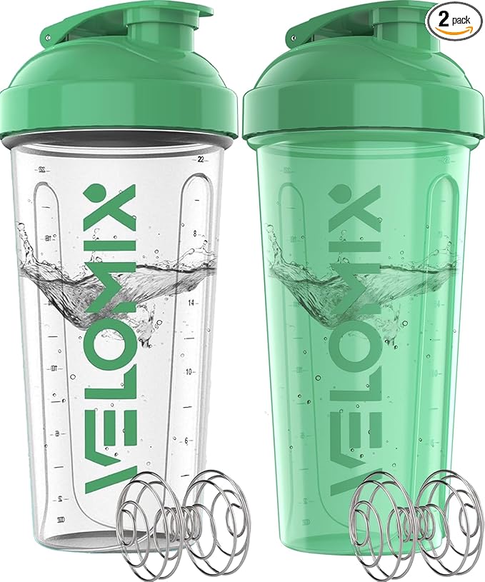 VELOMIX -2 Pack- 28 oz Protein Shaker Bottles for Protein Mixes - 2x Wire Whisk | Leak Proof Shaker Cups for Protein Shakes | Protein Shaker Bottle | Shakers for Protein mix-Turquoise&Transparent