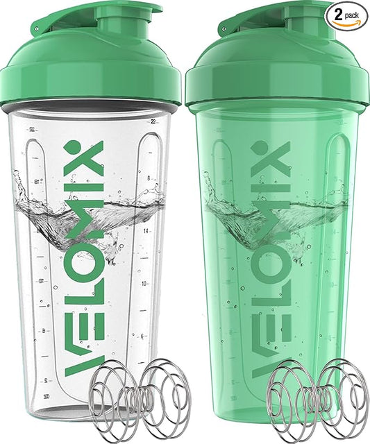 VELOMIX -2 Pack- 28 oz Protein Shaker Bottles for Protein Mixes - 2x Wire Whisk | Leak Proof Shaker Cups for Protein Shakes | Protein Shaker Bottle | Shakers for Protein mix-Turquoise&Transparent