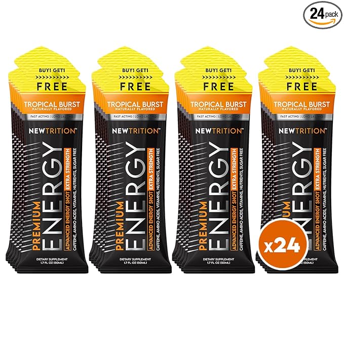 NewTrition® Extra Strength Energy Shots, 250mg Caffeine Shots with Vitamin B & Amino Acids, Sugar-Free Vitamin Energy Shot, 1.7 fl oz (Pack of 24, Tropical Burst)