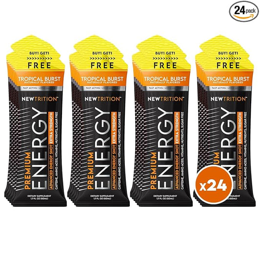 NewTrition® Extra Strength Energy Shots, 250mg Caffeine Shots with Vitamin B & Amino Acids, Sugar-Free Vitamin Energy Shot, 1.7 fl oz (Pack of 24, Tropical Burst)