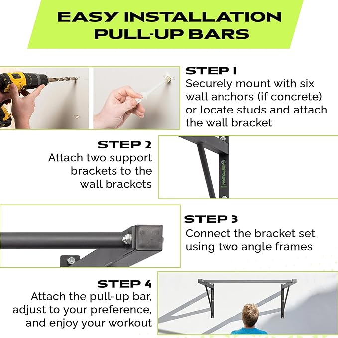 Rage Fitness Heavy-Duty Wall Mounted Pull Up Bar - 500 lbs Weight Capacity | Maintain Upper Body Strength & Core Stability | Space Efficient Steel Chin Up Black Bar for Home & Gym Versatile Workouts