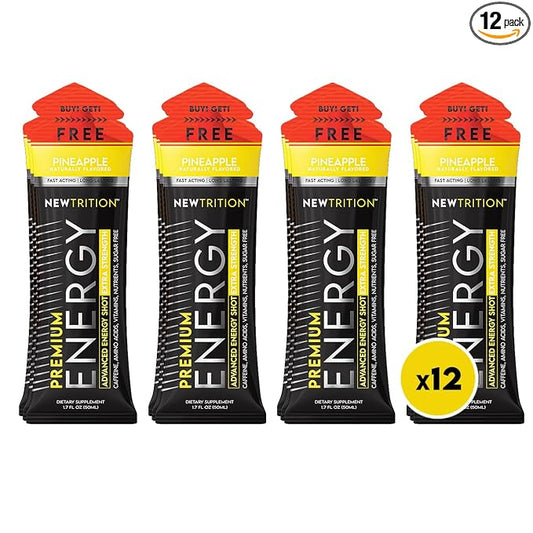 NewTrition® Extra Strength Energy Shots, 250mg Caffeine Energy Shots with Vitamin B & Amino Acids, Sugar-Free Vitamin Energy Shot, 1.7 fl oz (Pack of 12, Pineapple)