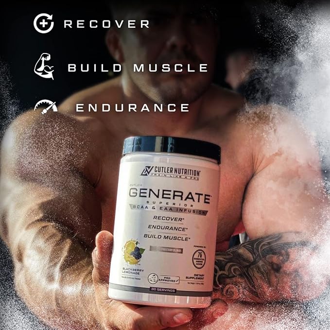 Generate EAA and BCAA Powder: Best Post Workout Recovery Drink and Branched Chain Amino Acids Supplement with Essential Amino Acids, 5g BCAAs, 2g EAAs | BlackBerry Lemonade, 30 Servings