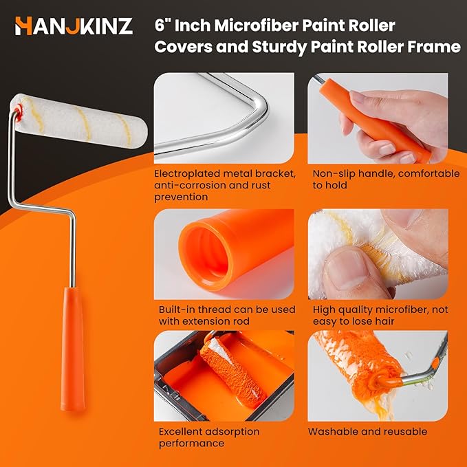 9 Pcs 6 Inch Small Paint Roller Kit with Microfiber Paint Roller Covers, Paint Tray with Liner, Mini Paint Roller for Painting Wall, Door, Cabinet