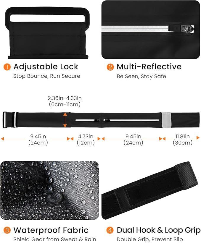Running Belt with Water Bottle & Headband, No-Bounce Hydration Belt Adjustable Reflective Waterproof Fanny Pack for Women & Men, Fits All Phones (M-Black)