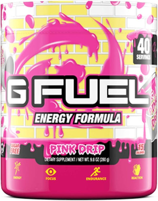 G Fuel Pink Drip Energy Drink Powder, Pre Workout Caffeine Mix for Gaming, Sugar Free Focus Amino, Vitamin + Antioxidants, 9.9oz (Pink Fruit Chew Candy, 40 Servings)