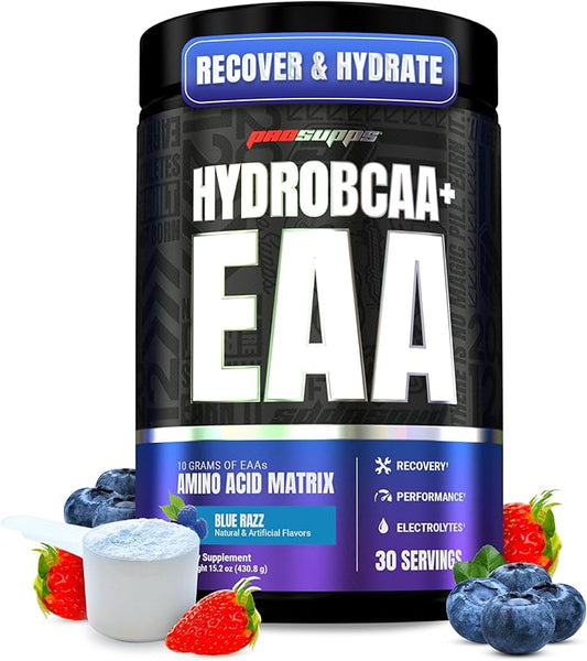 PROSUPPS HydroBCAA Essential Amino Acids Powder, Blue Raspberry - Workout Supplement with BCAA, EAAs & Electrolytes for Hydration & Recovery - Stimulant-Free, Soy & Gluten-Free - 30 Servings