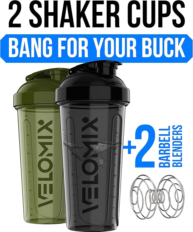 VELOMIX -2 Pack- 28 oz Protein Shaker Bottles for Protein Mixes - 2x Wire Whisk | Leak Proof Shaker Cups for Protein Shakes | Protein Shaker Bottle Pack | Shakers for Protein Shakes-Green&Black