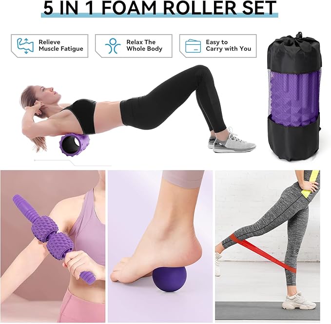 5 in 1 Foam Roller Set, High Density Fitness Exercise Foam Roller for Deep Tissue Muscle Massage, Massage Roller, Massage Ball, Resistance Band, for Whole Body(Purple)