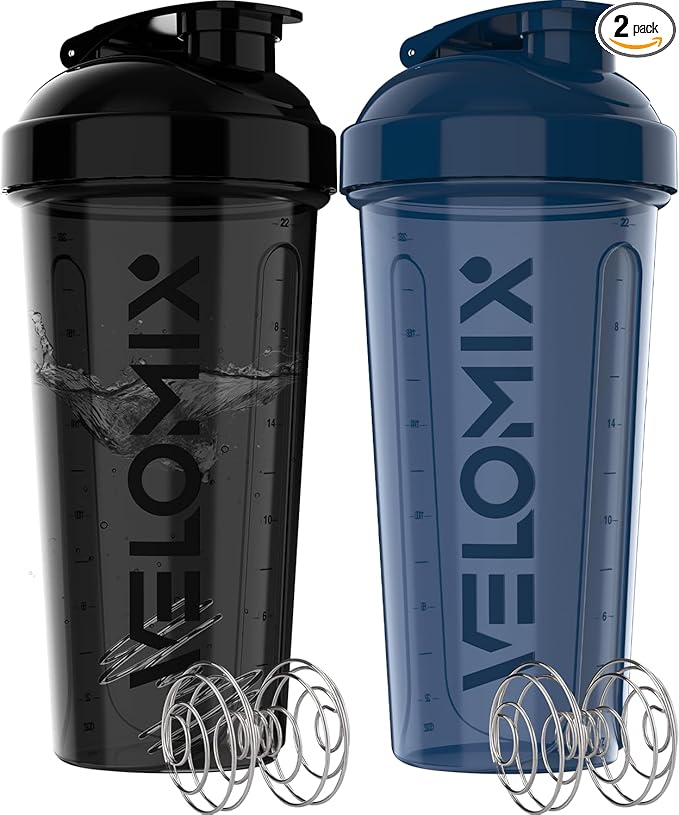 VELOMIX -2 Pack- 28 oz Protein Shaker Bottles for Protein Mixes - 2x Wire Whisk | Leak Proof Shaker Cups for Protein Shakes | Protein Shaker Bottle Pack | Shakers for Protein Shakes-Blue&Black