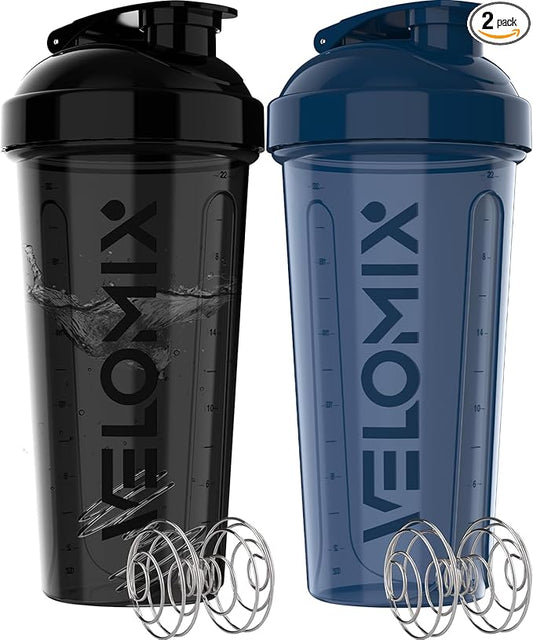 VELOMIX -2 Pack- 28 oz Protein Shaker Bottles for Protein Mixes - 2x Wire Whisk | Leak Proof Shaker Cups for Protein Shakes | Protein Shaker Bottle Pack | Shakers for Protein Shakes-Blue&Black