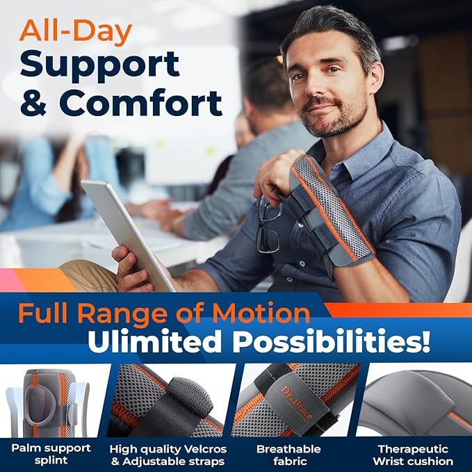 DR. BRACE Adjustable Wrist Brace Night Support for Carpal Tunnel, Doctor Developed, Upgraded with Double Splint & Therapeutic Cushion,Hand Brace for Pain Relief,Injuries,Sprains (L/XL Right Hand, Grey-Orange)