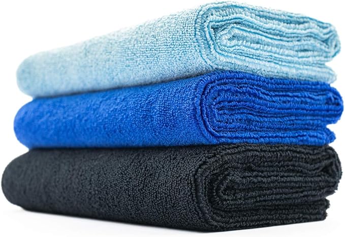 The Rag Company - Sport & Workout Towel - Gym, Exercise, Fitness, Spa, Ultra Soft, Super Absorbent, Fast Drying Premium Microfiber, 320gsm, 16in x 27in (3-Pack) (Royal Blue + Light Blue + Black)