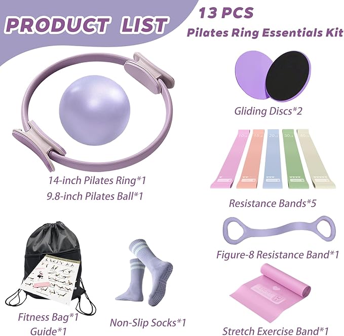 Pilates Ring Essentials Kit for Women, Styled in Soft Macaron Creams - Yoga Exercise Equipment Set for Home Workouts with Magic Circle, Mini Ball & Accessories - Fitness Ring Set for Beginners