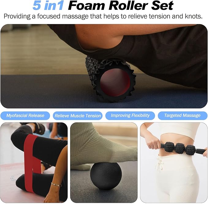 5 in 1 Foam Roller Set Trigger Point Foam Roller, Massage Roller Stick, Massage Ball, Stretching Strap for Deep Muscle Massage Pilates Yoga, Fitness Exercise for Whole Body (Black Diamond)