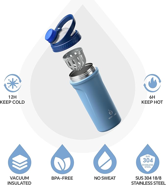 Ideus Protein Shaker Bottle 24oz(710ml) Insulated Stainless Steel Shaker Bottle with Silent Tritan Ball Portable Pre Workout Shaker Cups for Protein Shakes, Smoothies, Cocktails, Blue