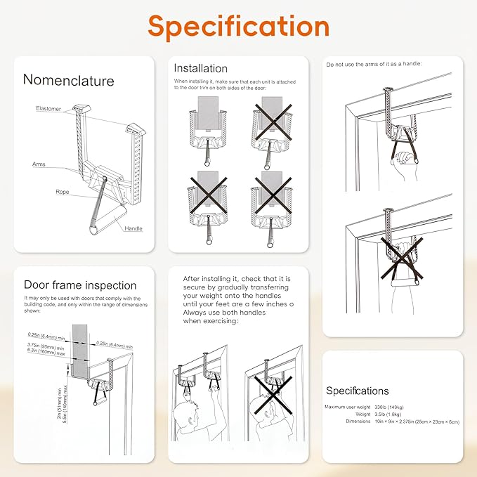 Portable Pull Up Bar for Doorway,Travel Pull Up Bar,Adjustable Home Gym Equipment,Dual Handle Design for Pull-Ups,Maximum Load Capacity of 330lb, No Screws Installation