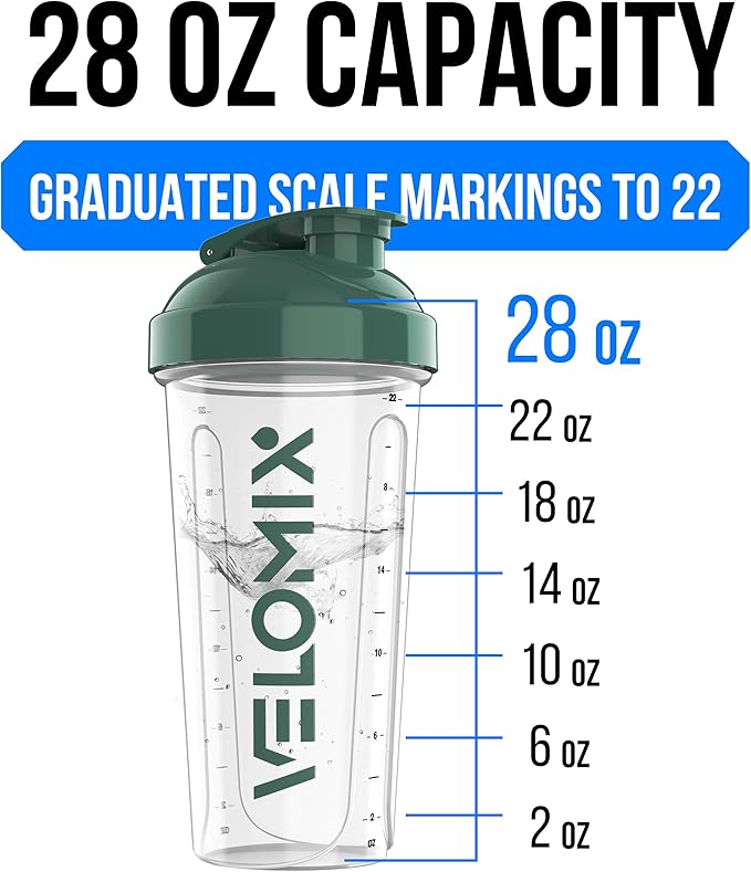 VELOMIX -6 PACK- 28 oz Protein Shaker Bottle for Protein Mixes - 6x Wire Whisk | Leak Proof Shaker Cups for Protein Shakes | Protein Shaker Bottle Pack | Protein Shake Cup (Muted Clarity)