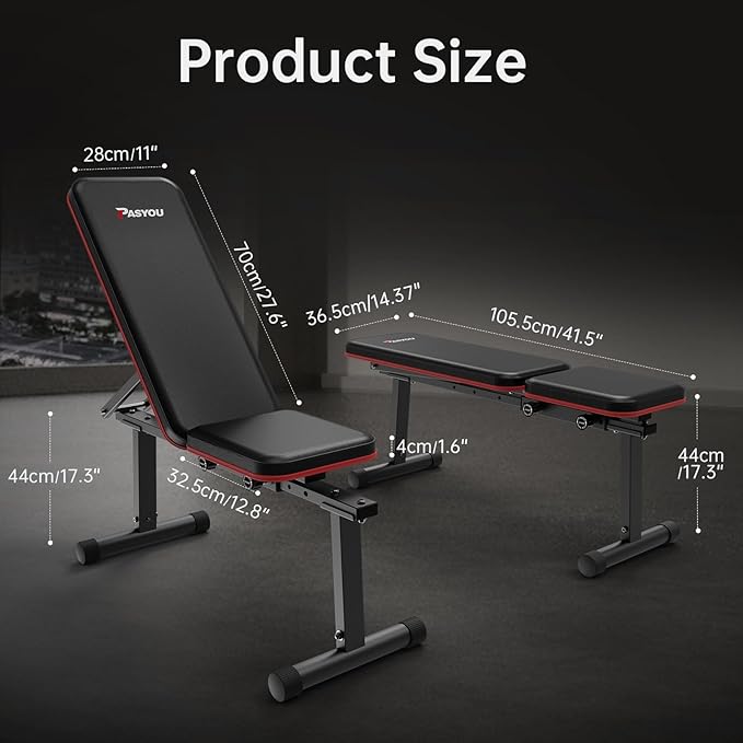 PASYOU Flat Weight Bench, Adjustable Strength Training Bench, Workout Bench for Home Gym, Multifunctional Exercise Bench