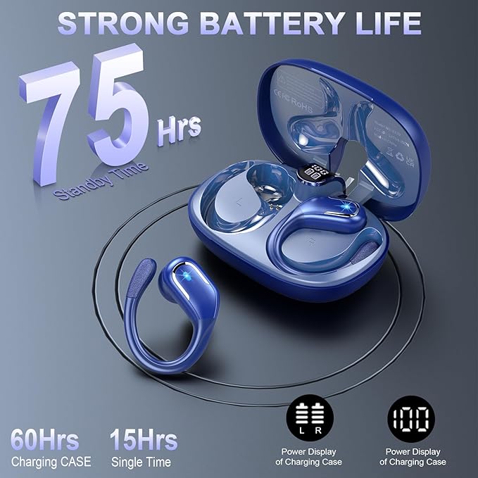 Wireless Earbud, Bluetooth 5.4 Headphones 75Hrs Playtime, Bluetooth Earbuds Deep Bass Noise Cancelling Mic, Over Ear Bud with Sport Earphones Earhooks, IP7 Waterproof Touch Control for Workout/Running