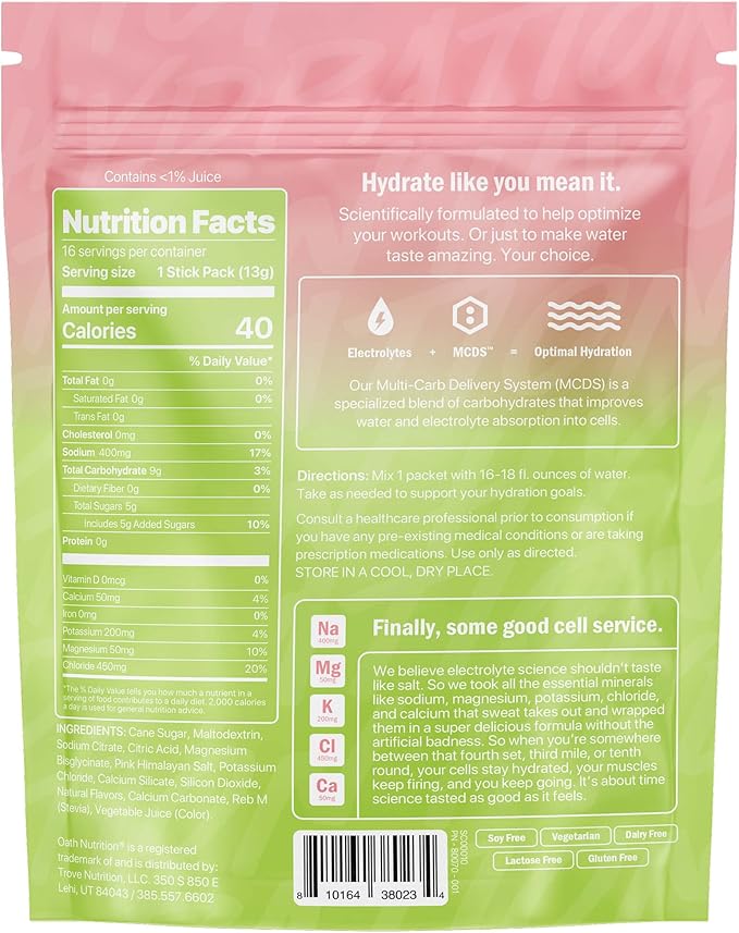 Oath Nutrition Hydration Electrolyte Powder, Complete Electrolyte Blend for Rapid Hydration and Muscle Support, 16 Single-Serve Packets, Watermelon Lime