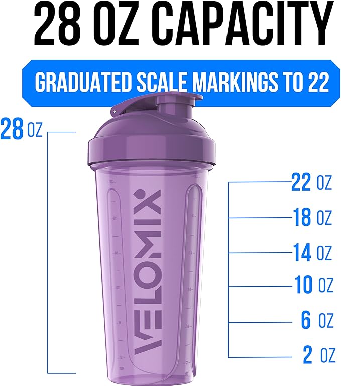 VELOMIX -2 Pack- 28 oz Protein Shaker Bottles for Protein Mixes - 2x Wire Whisk | Leak Proof Shaker Cups for Protein Shakes | Protein Shaker Bottle Pack | Shakers for Protein Shakes-Purple&Black