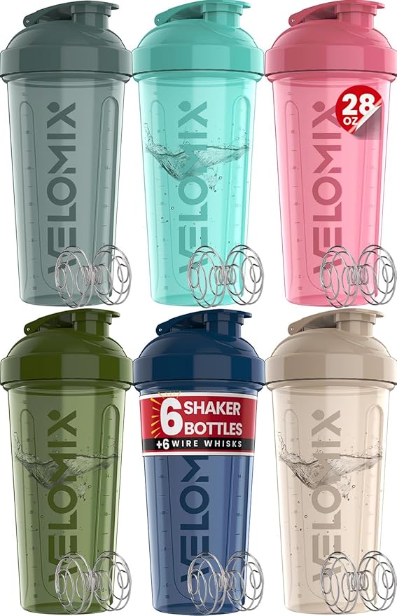 VELOMIX -6 PACK- 28 OZ Protein Shaker Bottles for Protein Mixes, Shaker Cups for Protein Shakes, Small Shaker Bottle Pack, Shaker Cup, Shakers for protein Shakes (Most Popular)