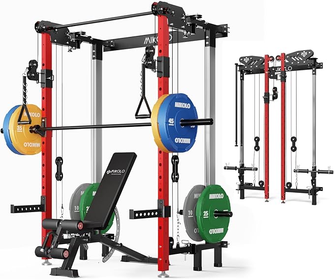 Mikolo Folding Squat Rack, Wall Mounted Power Rack with Cable Crossover Machine & LAT Pull Down, Functional Trainer with 5 Adjustable Function Modes, for Home Gym and Space Saving