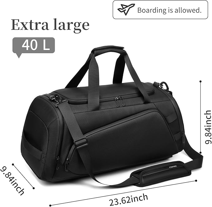 Duffle Bag for Travel, Carry on Gym Bag for Men, Waterproof Sport Bags with Shoe Compartment, 40L Weekender Men Tote Bag for Camping, Hiking, Trips - Black (CORDURA®)