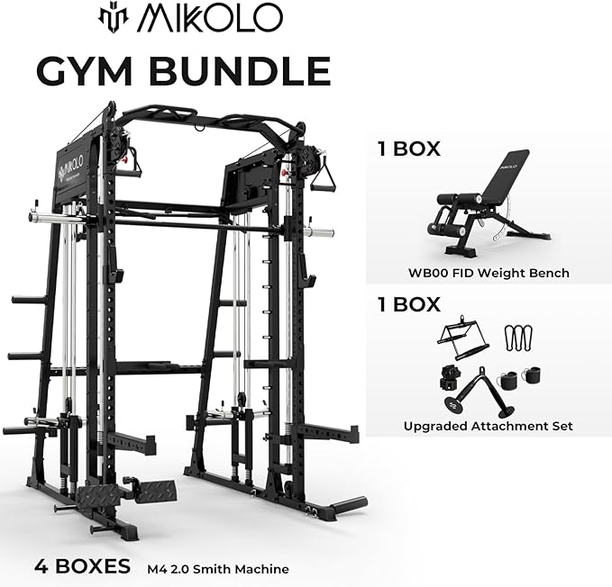 Mikolo Smith Machine, 2200lbs Squat Rack with LAT-Pull Down System & Cable Crossover Machine, Training Equipment with Leg Hold-Down Attachment