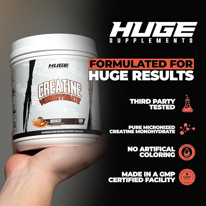 Huge Supplements Flavored Creatine Monohydrate Powder - Mango Flavor, 500 Grams, Third Party Tested, Micronized for Optimal Absorption, 5 Grams Per Scoop, Delicious & Easy Mixability (100 Servings)